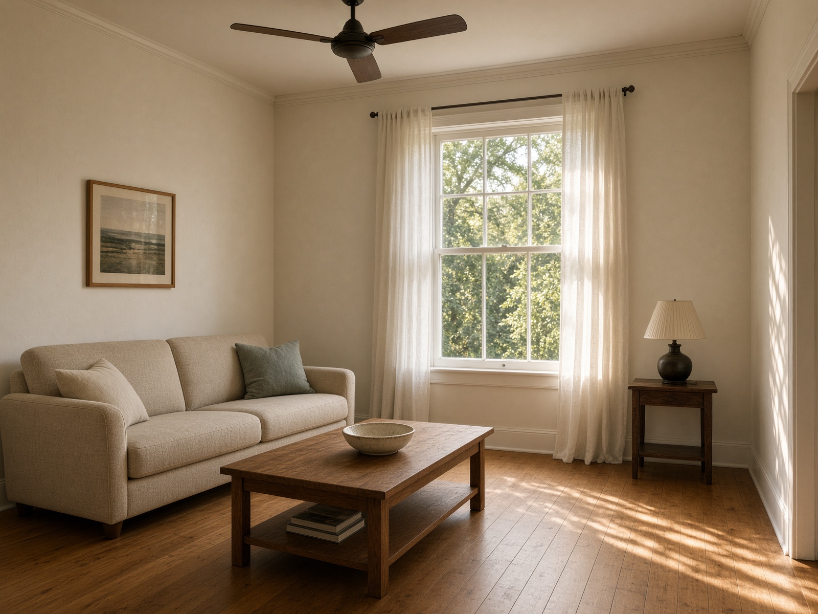 A quiet living room in a restored Florida bungalow, late-afternoon light.